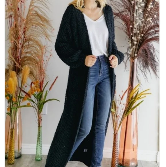 Oversized Maxi Duster Open front Cardigan Puff Black Small New - Picture 3 of 10